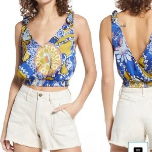 Free People Blue and Yellow Floral V-Neck Cropped Tank